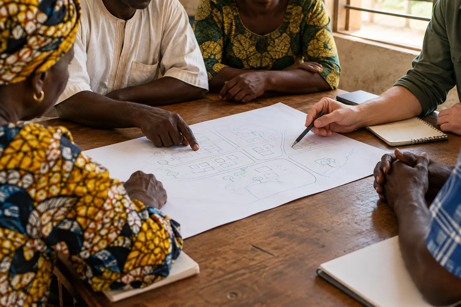 Des membres d’une association locale et une bénévole examinent ensemble un document de préparation de projet autour d’une table.