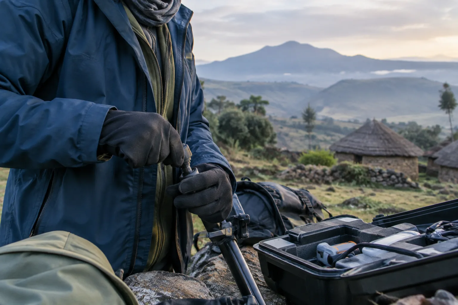 Des mains gantées préparent du matériel de mission dans un environnement frais en altitude.