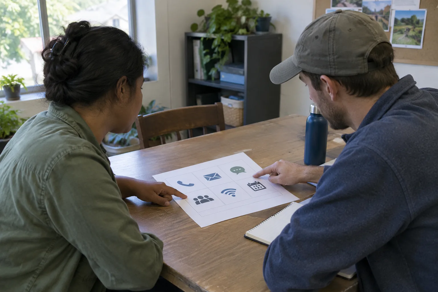 Une coordinatrice locale et un bénévole examinent ensemble les besoins de communication d’un projet.