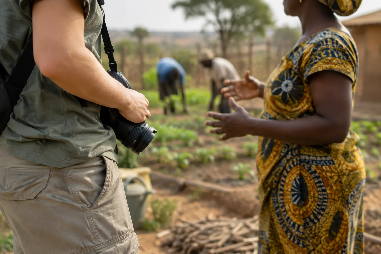 Un bénévole tient un appareil photo pendant qu’un partenaire local échange avec des participants, dont les visages ne sont pas visibles.
