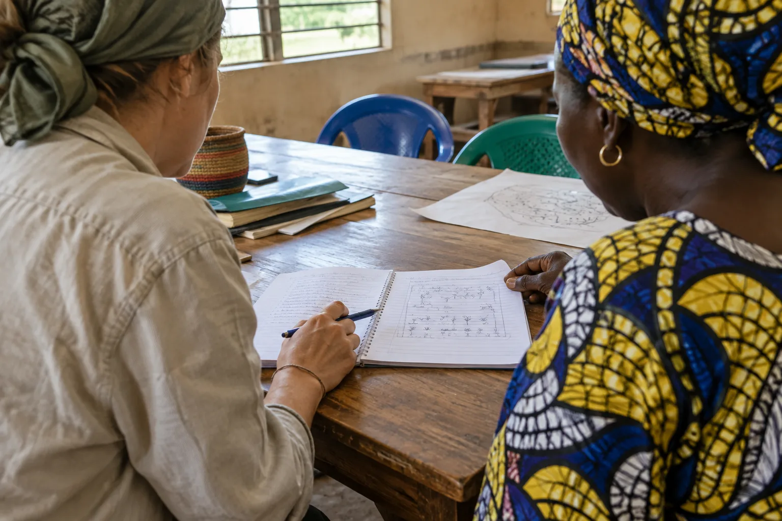 Un bénévole et un membre d’une association locale consultent des notes de suivi dans un espace de travail.