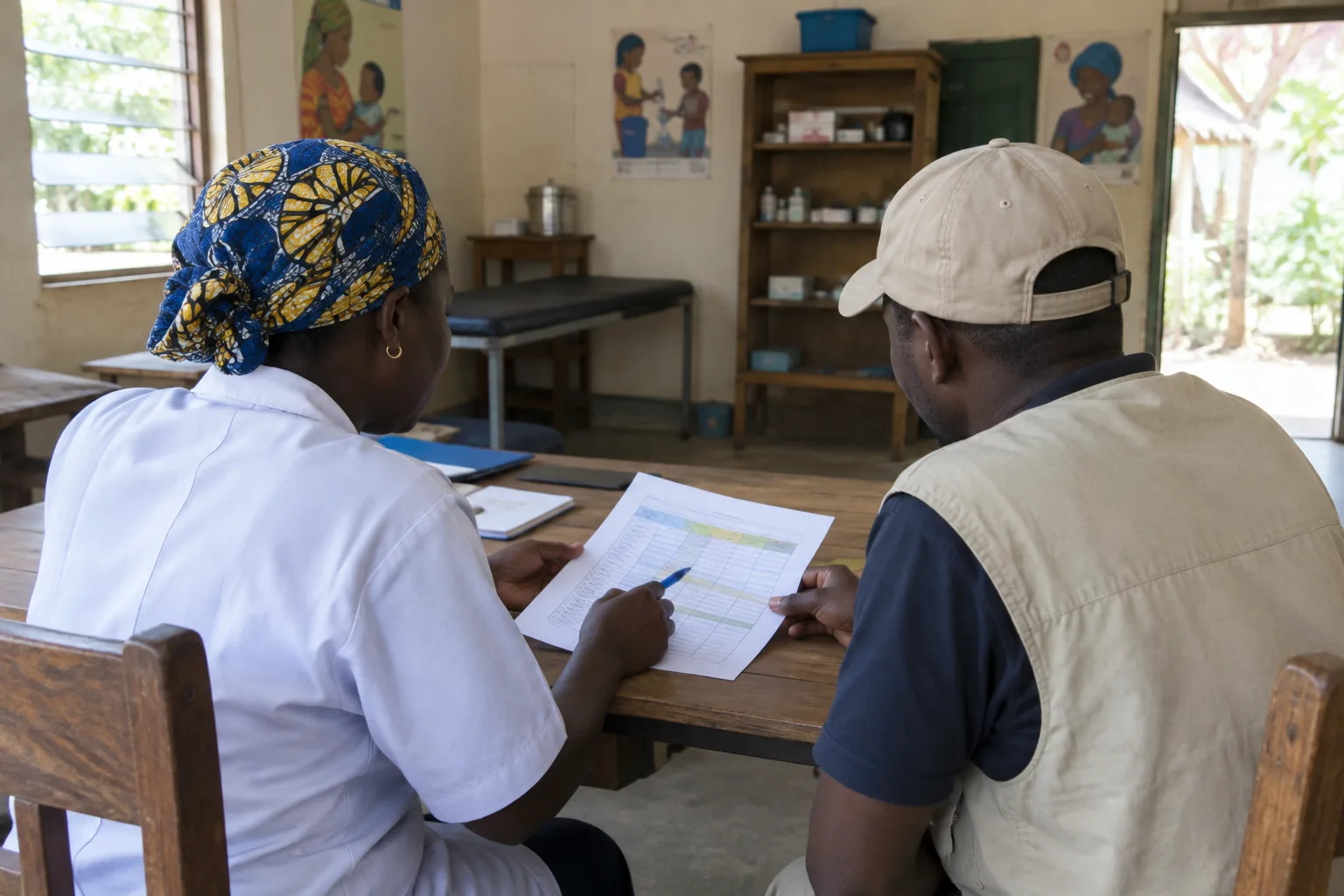 Un professionnel de santé local et un bénévole consultent un document dans un centre communautaire.