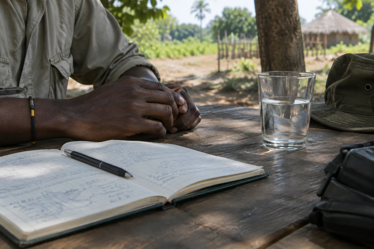 Un carnet ouvert et un verre d’eau sur une table à l’ombre, près d’un espace de travail de mission.