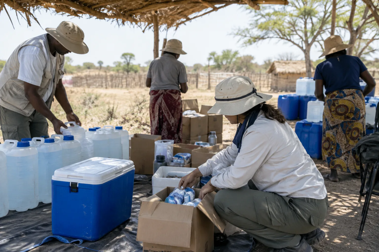 Des membres d’une équipe humanitaire préparent du matériel et des réserves d’eau à l’ombre avant une activité de terrain.