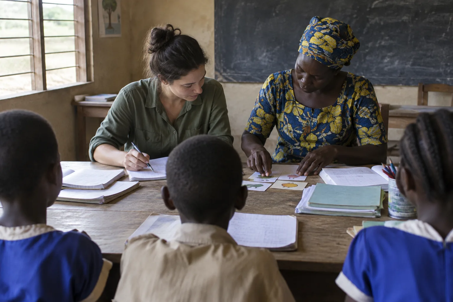 Un bénévole et une éducatrice préparent des supports pédagogiques dans une salle de classe, tandis que les enfants restent hors champ.