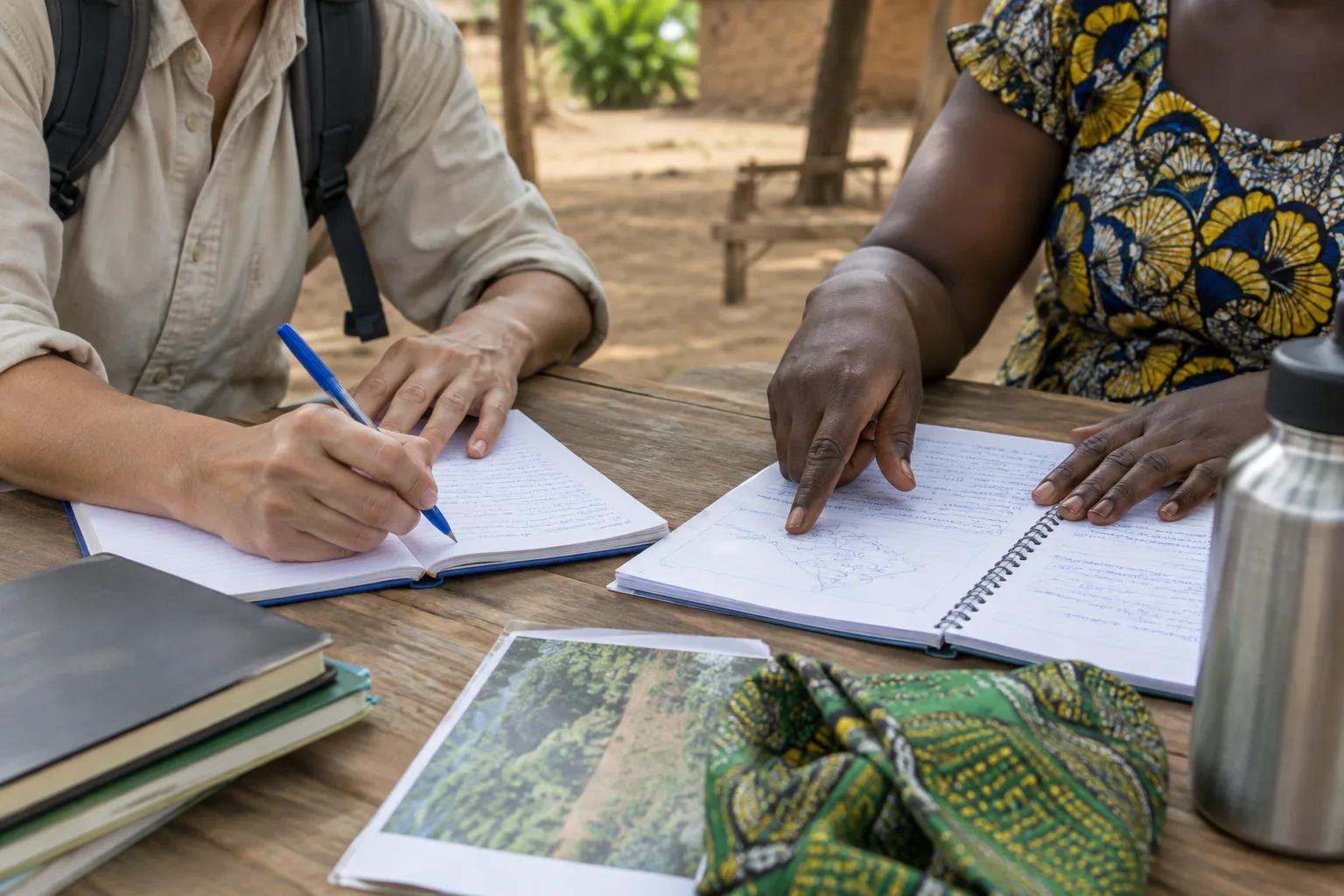 Un bénévole et des membres d’une association locale examinent ensemble des notes de projet autour d’une table.