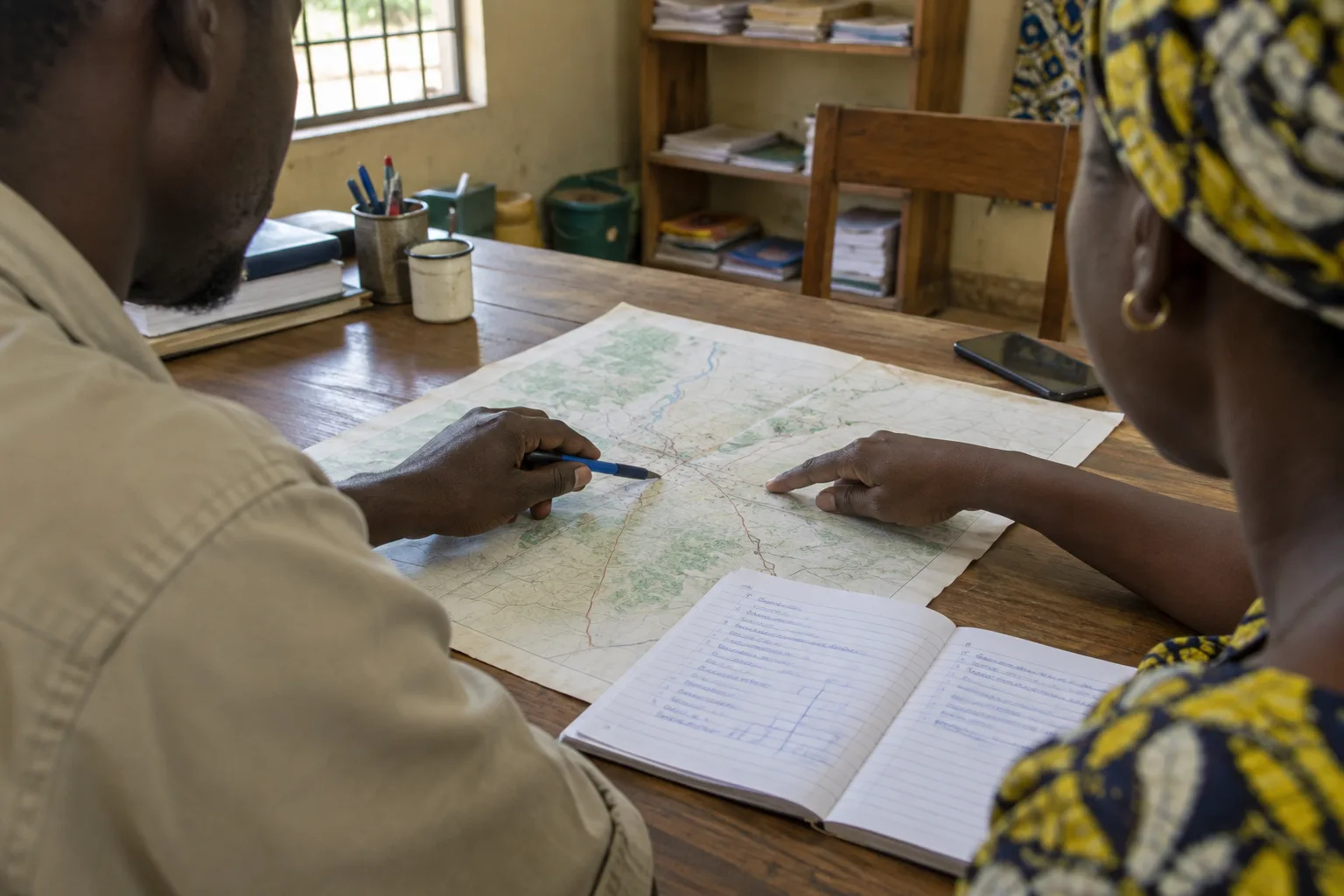 Un partenaire local et un bénévole repèrent ensemble les lieux et les trajets sur une carte.