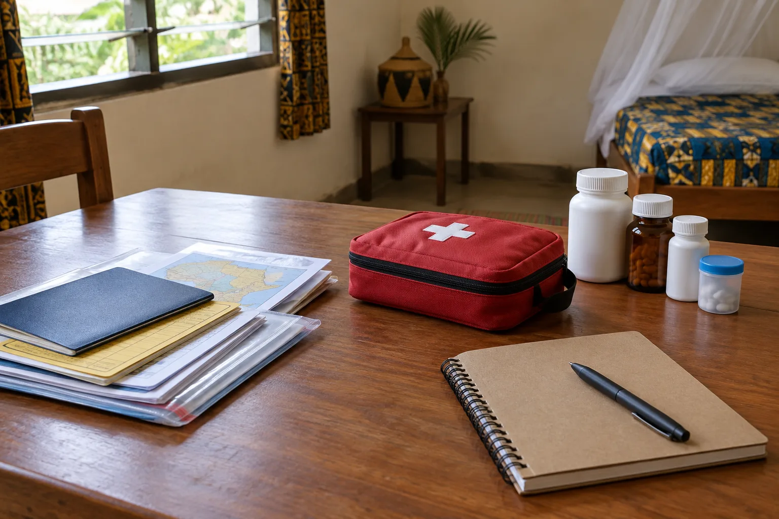 Des documents de santé et une trousse fermée sont préparés sur une table avant le départ.