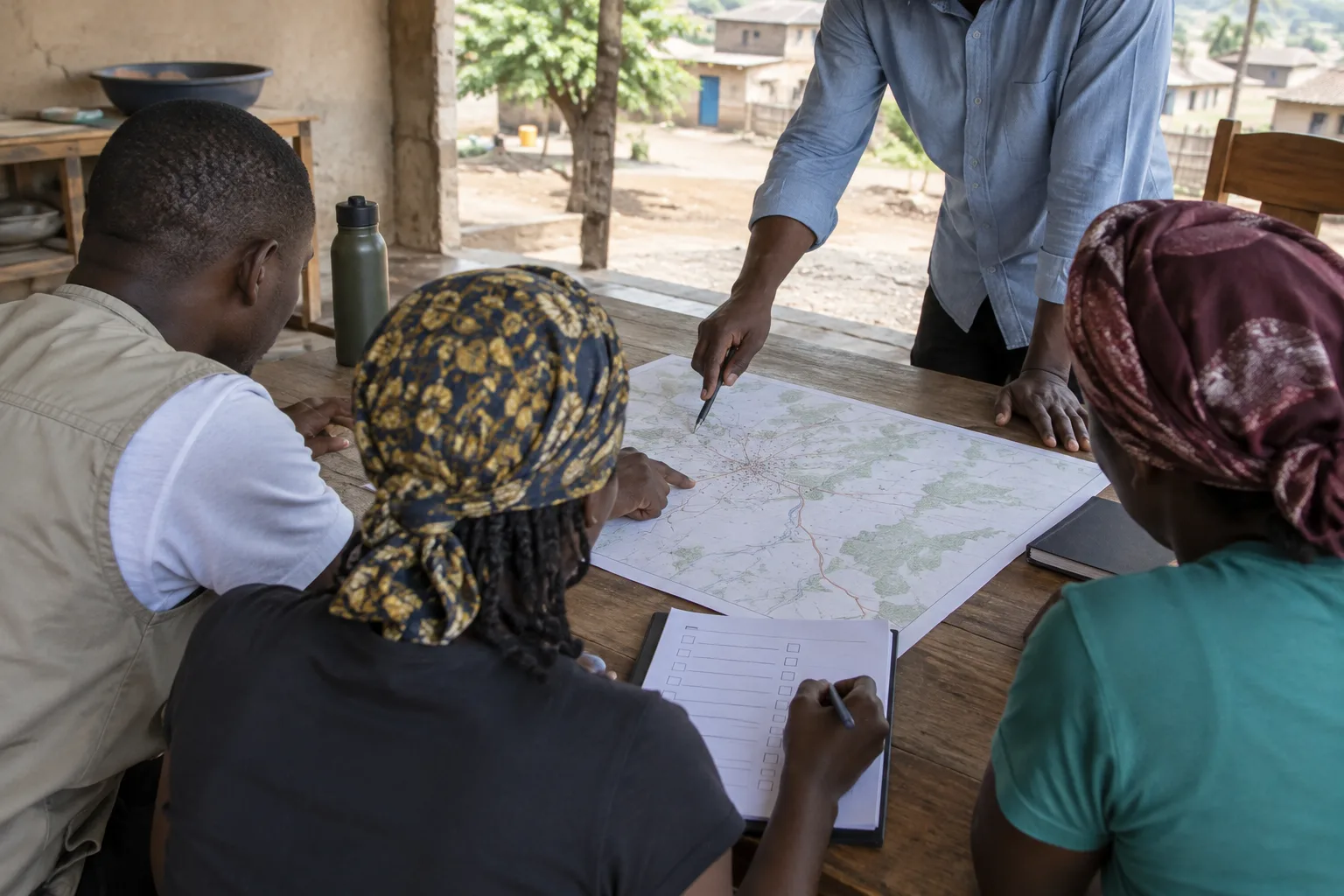 Des bénévoles et un partenaire local examinent une carte et une liste de préparation avant une mission.