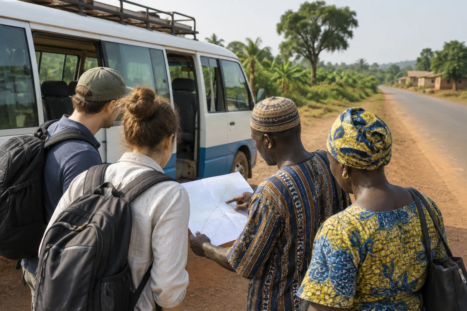 Un minibus stationné près d’une route rurale, tandis qu’une équipe consulte son itinéraire avec un partenaire local.